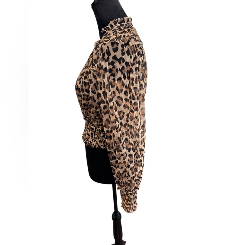 Free People Leopard Mesh Smocked Top | Size XS | Sheer Puff Sleeve Blouse - Picture 3 of 9
